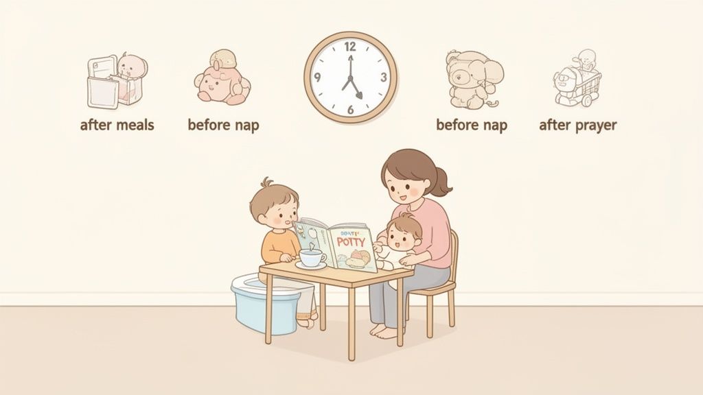 A mother reads a potty training book to two toddlers, illustrating common times and routines.