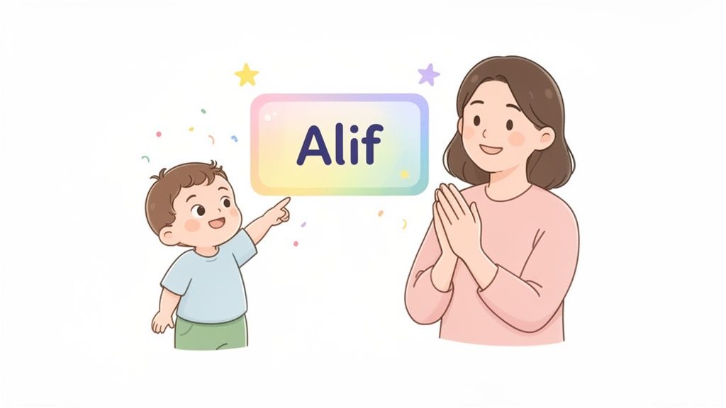 A cute cartoon boy points at a glowing 'Alif' speech bubble, while a smiling woman claps.