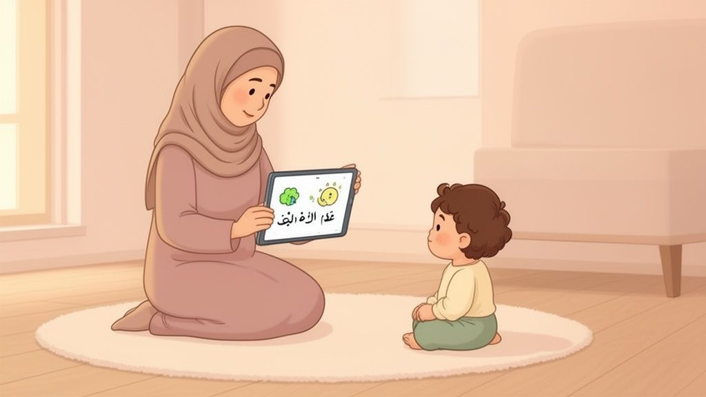 A mother in a hijab teaches a young child on a rug using a digital tablet.
