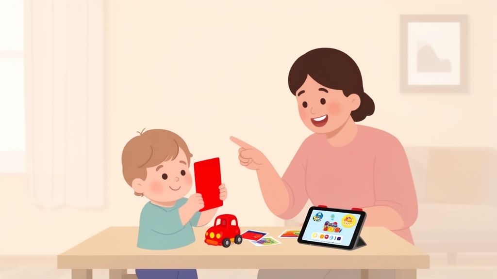 A smiling adult and child engage in interactive learning with cards, a toy car, and a tablet.