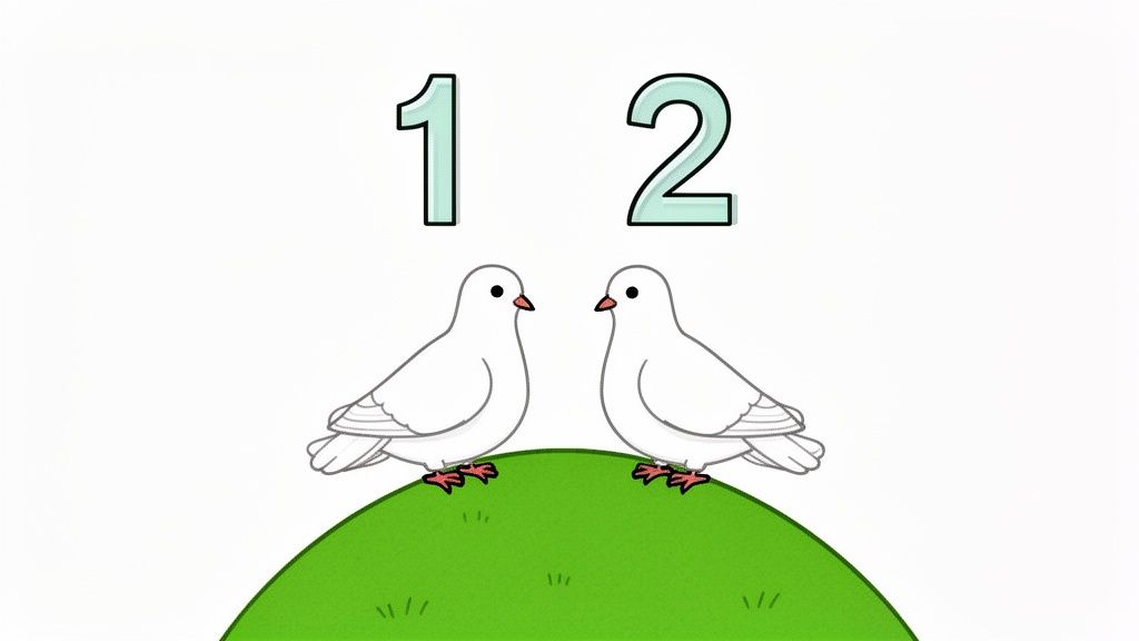 Two cartoon white doves on a green hill with numbers 1 and 2 above.