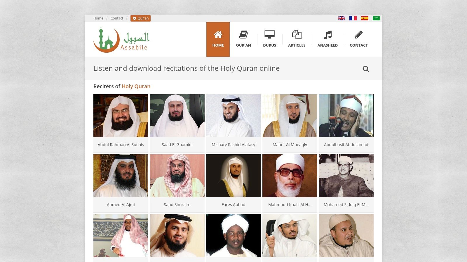 Assabile.com interface showing a list of Quran reciters.