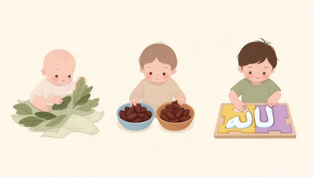 Three adorable toddlers engaged in educational activities: playing with leaves, dates, and an Arabic puzzle.