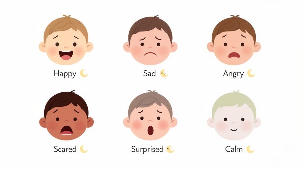 Illustration of six cartoon children's faces depicting happy, sad, angry, scared, surprised, and calm emotions.