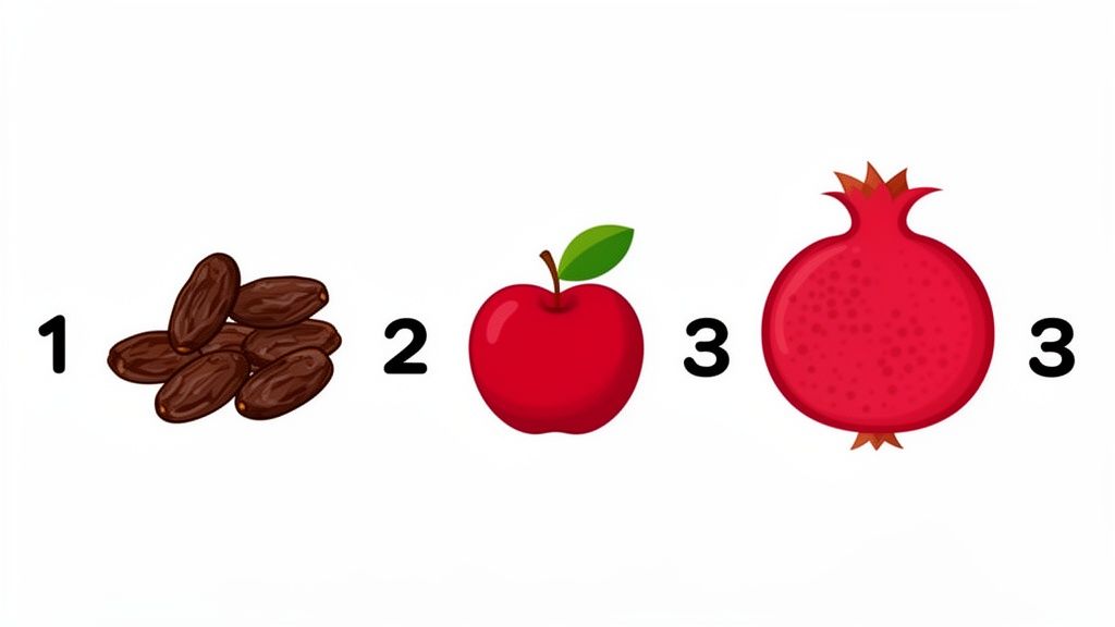 Educational image showing a pile of dates next to number 1, an apple next to 2, and a pomegranate next to 3.