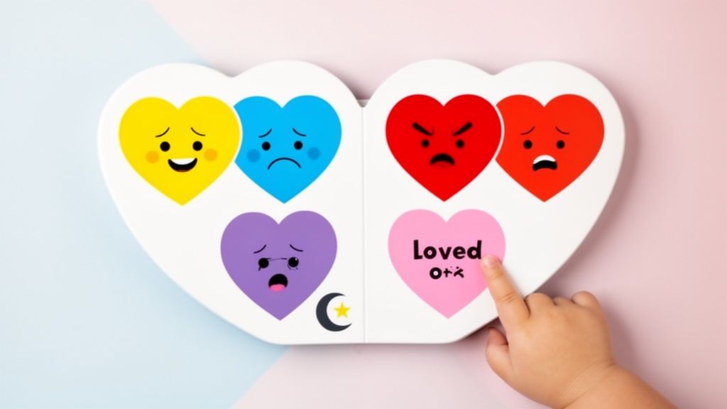 A child's hand points to a heart board showing emotions: happy, sad, angry, scared, and a pink 'Loved' heart.