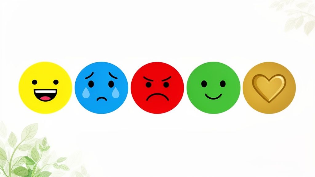 A row of five colorful emojis illustrating feelings: happy, sad, angry, content, and love.