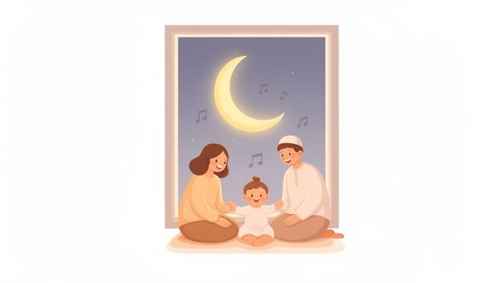 A cartoon Muslim family (parents and baby) sits together at night, under a glowing crescent moon and musical notes.