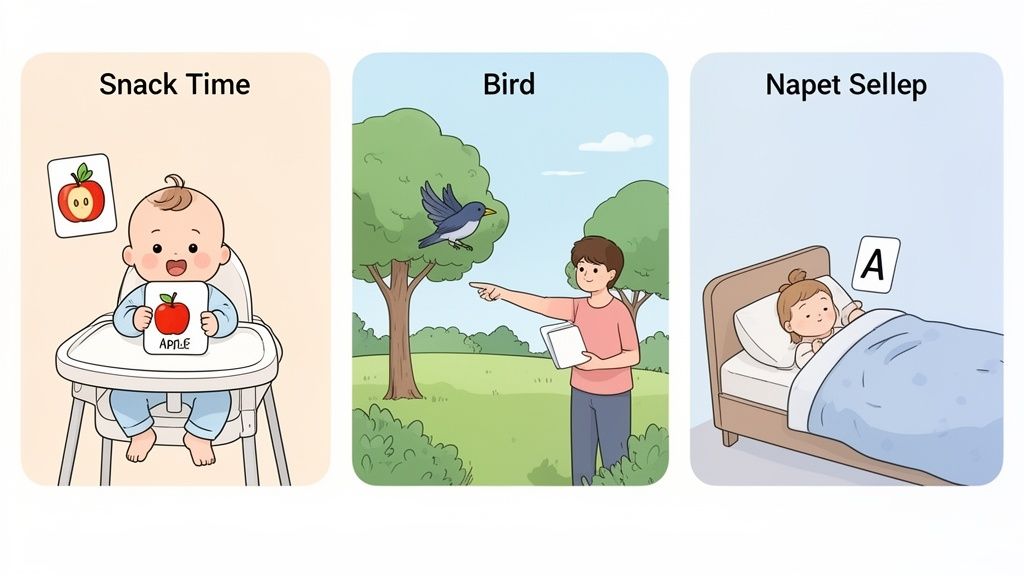 Three cartoon panels showcasing early learning activities with children, including flashcards and observing nature.