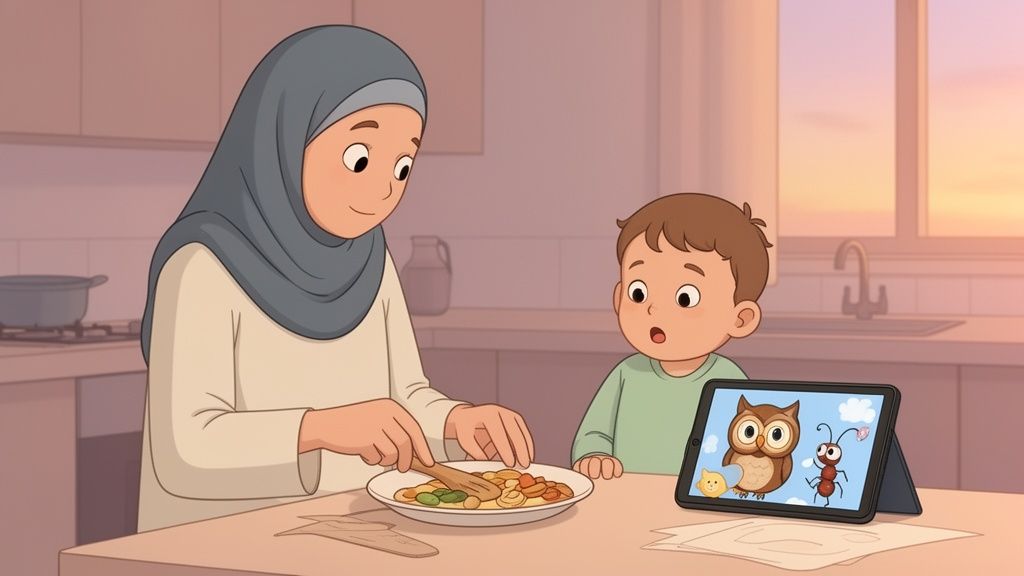 A cartoon Muslim mother prepares food for her son, who watches an animal cartoon on a tablet.
