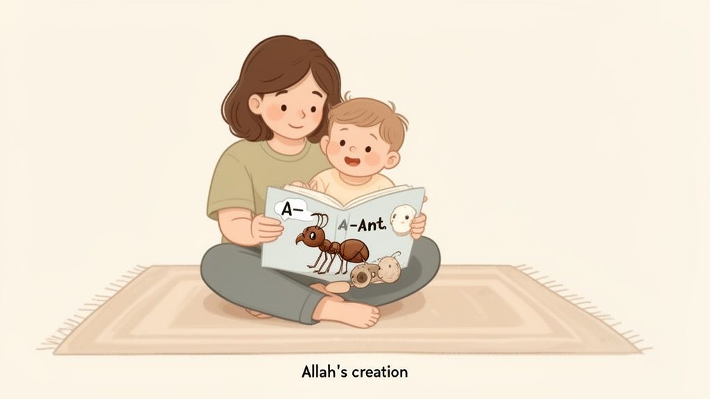 A mother and child happily read an alphabet book featuring an ant together on a rug.