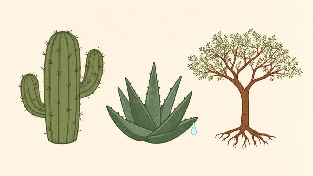 Illustration showing a saguaro cactus, an aloe vera plant with a gel drop, and a desert tree with visible roots.