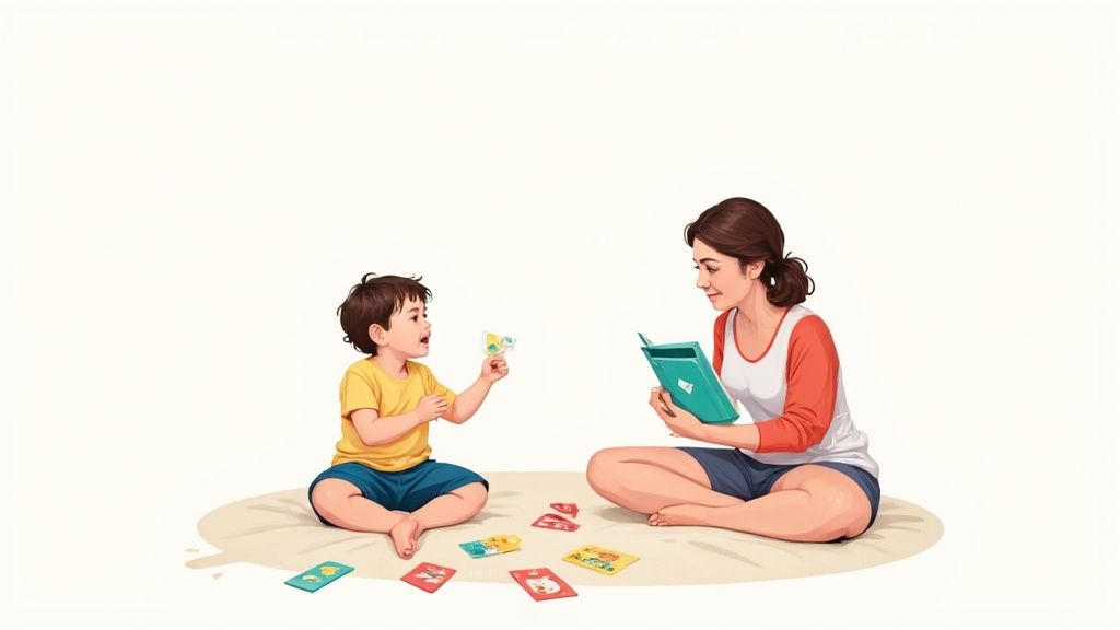 A parent and child laughing together while playing with colorful flash cards on the floor.