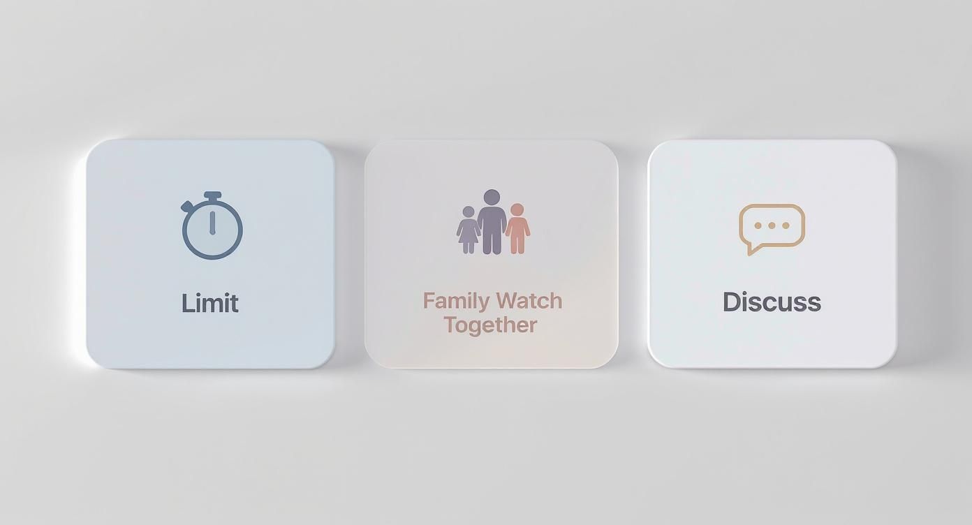 Infographic summarizing co-viewing strategies with icons for setting limits, watching together, and discussing content.
