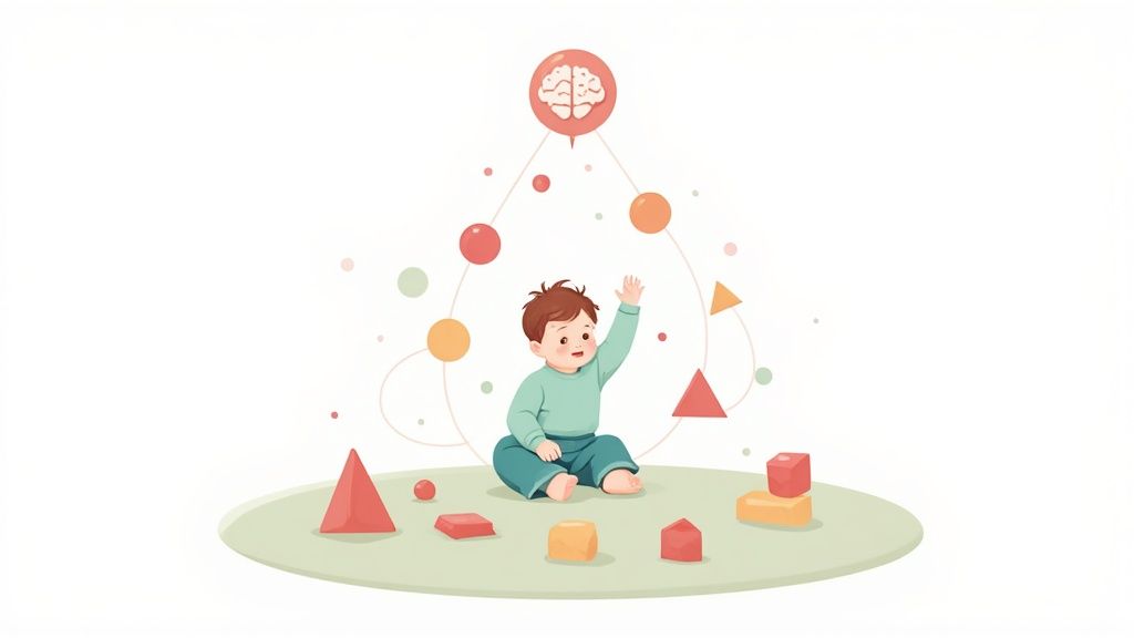 A toddler sitting on a colorful play mat, happily putting a wooden star shape into a matching slot on a shape sorter toy.