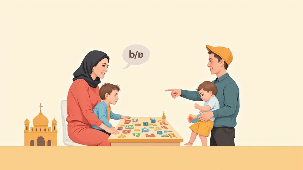 A mother and father engage their two young children in an alphabet sound learning activity.