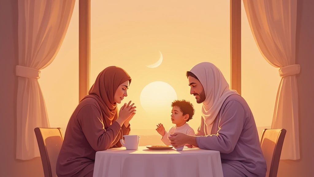 A mother and child share a quiet, heartfelt moment of dua before iftar.